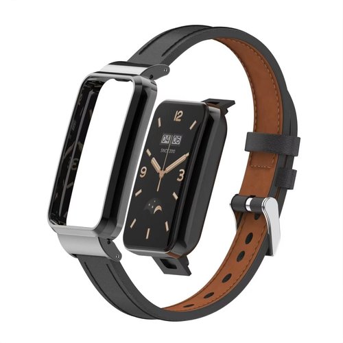T-BLUER Compatible with Xiaomi Mi Band 7 Pro Band,Mi Band 7 Pro Leather Replacement Bracelet Strap Wristband Accessories with Metal Frame for Xiaomi Mi Smart Band 7 Pro,Black