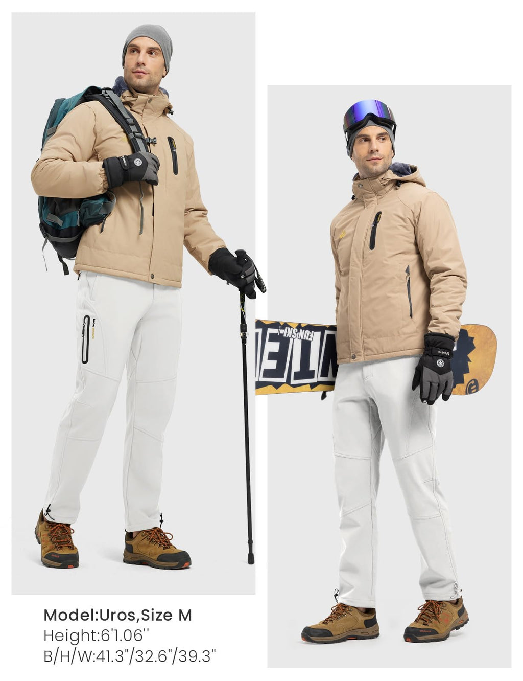 Rdruko Men's Winter Snow Pants, Waterproof Windproof Softshell Fleece Lined Insulated Zip Pocket Hiking Ski Motorcycle (White Grey, 34)