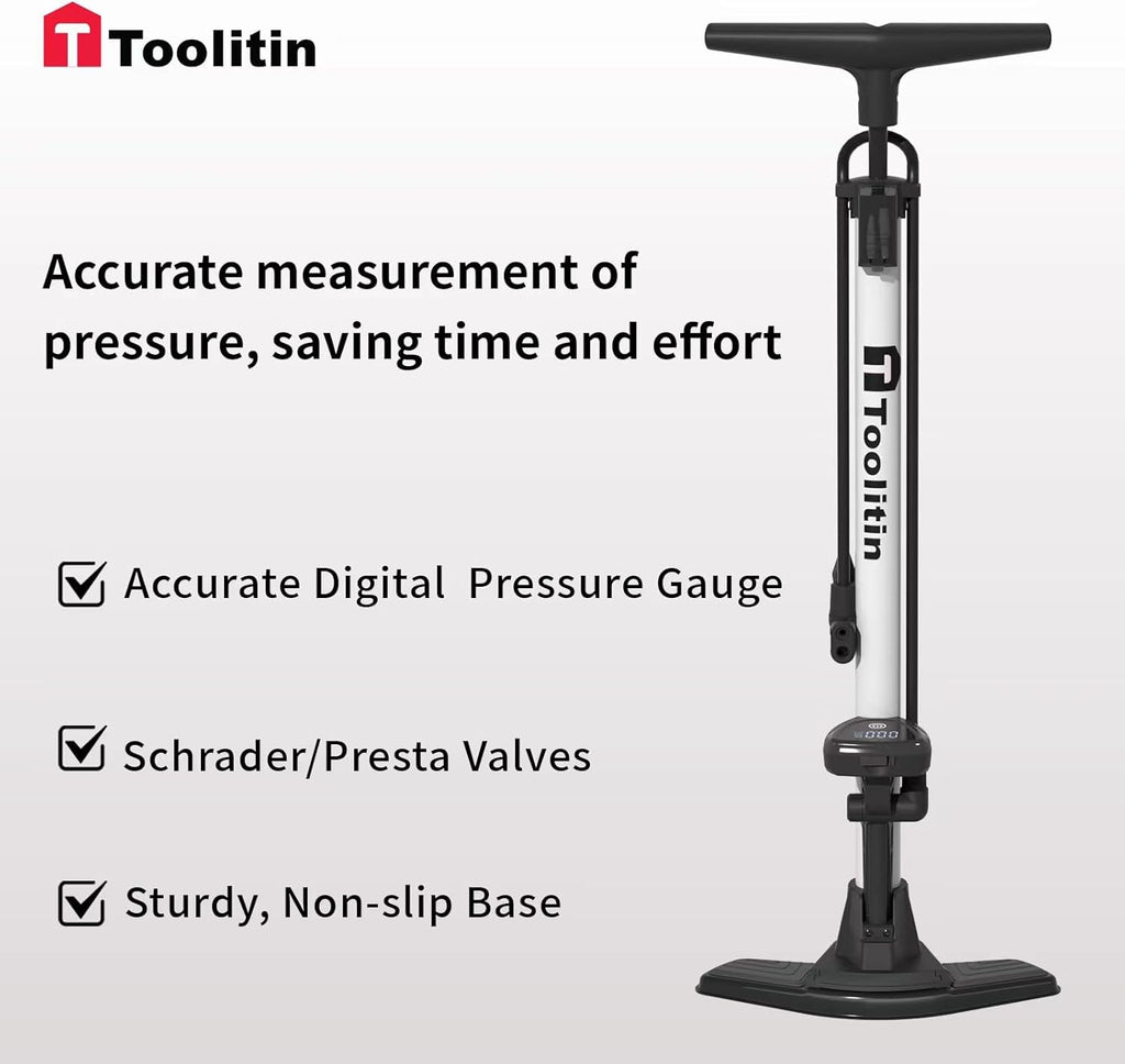 TOOLITIN Bike Pump - Precision Digital Pressure Gauge | Compatible with Presta & Schrader Valves