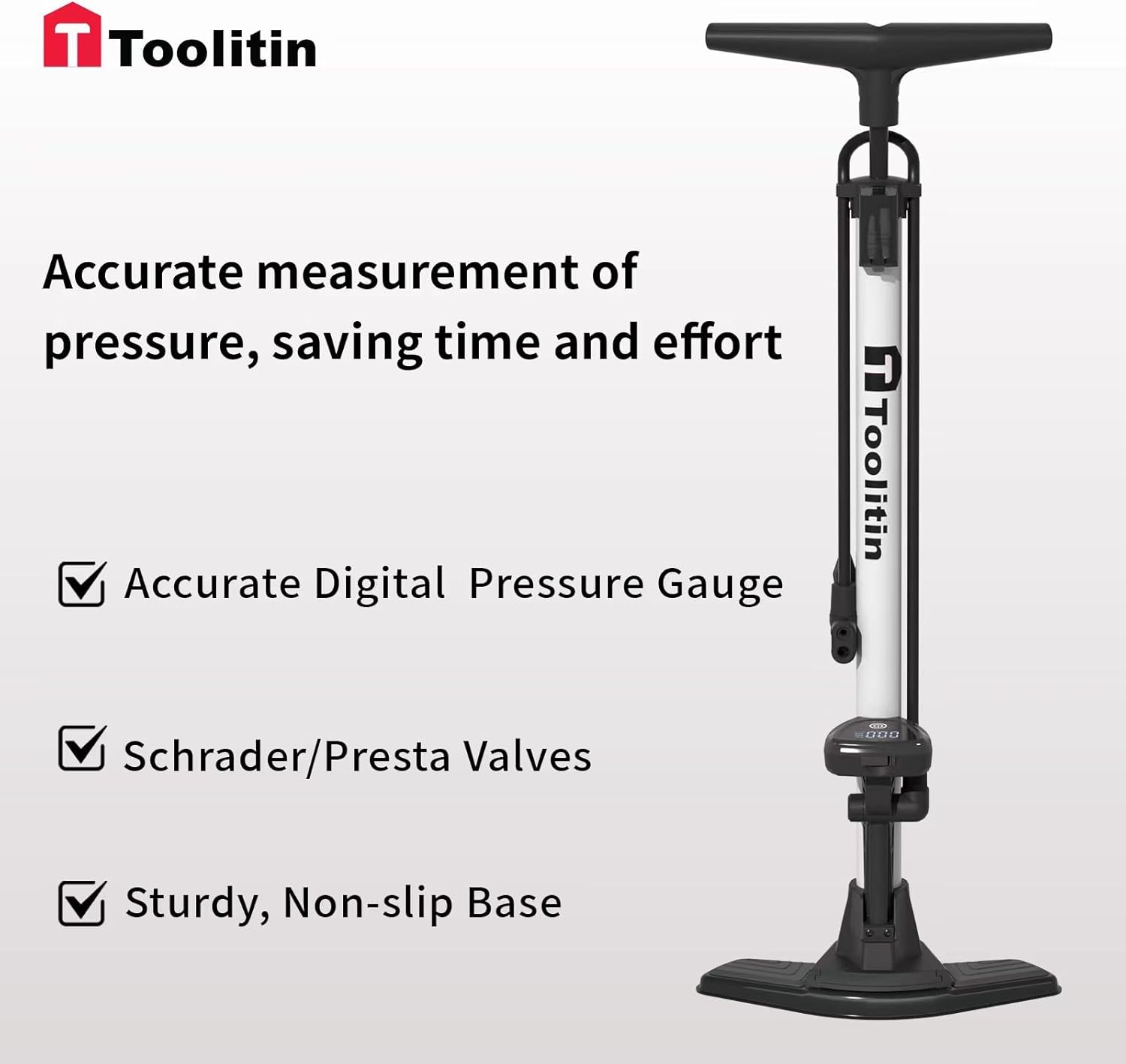 TOOLITIN Bike Pump - Precision Digital Pressure Gauge | Compatible with Presta & Schrader Valves
