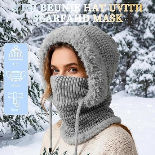 3 in 1 Winter Beanie Hat for Women, Knitted Hat with Scarf and Face Mask, Warm Ski Beanie Set for Cold Weather Outdoor (Grey)