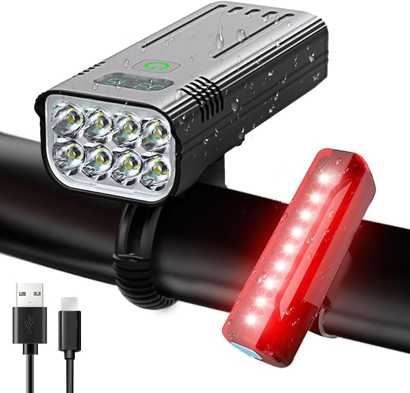 Victoper 8-LED Front & Rear Bike Light Set - 6+4 Modes, USB Rechargeable, IPX5 Waterproof (Black+8 LED)