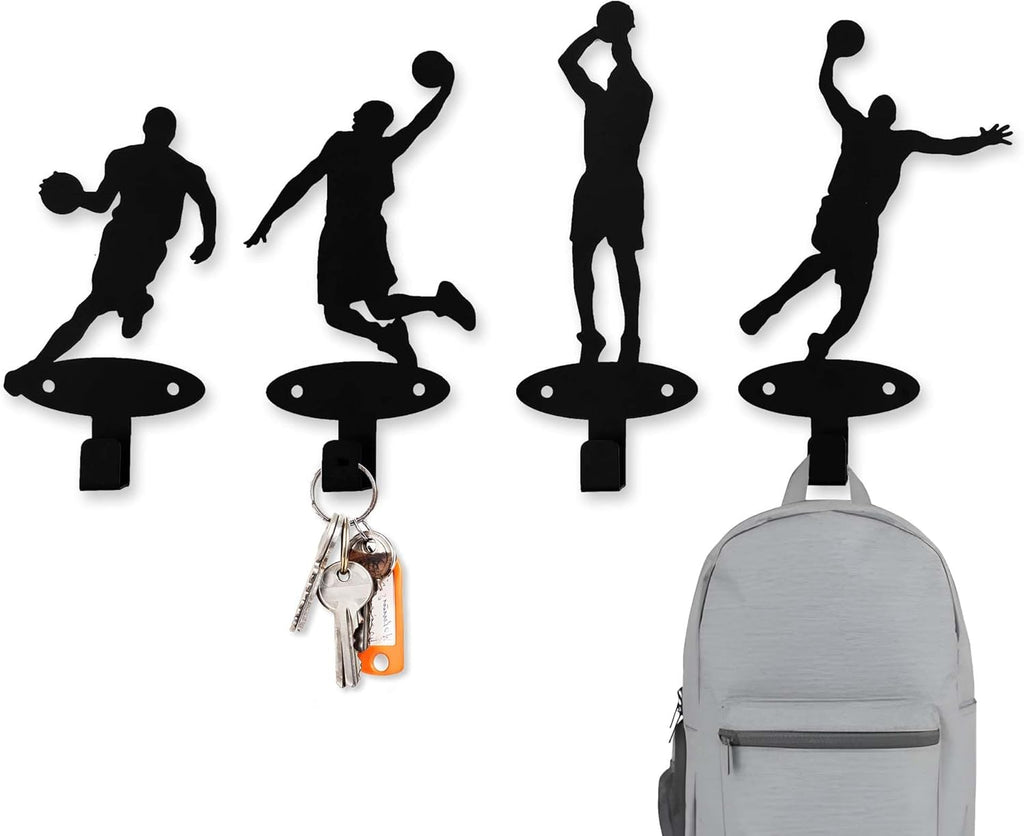 Xedatric Basketball Players Coat Hooks - 4 Piece Slam Dunk Silhouette Wall Mounted Metal Hangers for Teen Boys' Room Decor