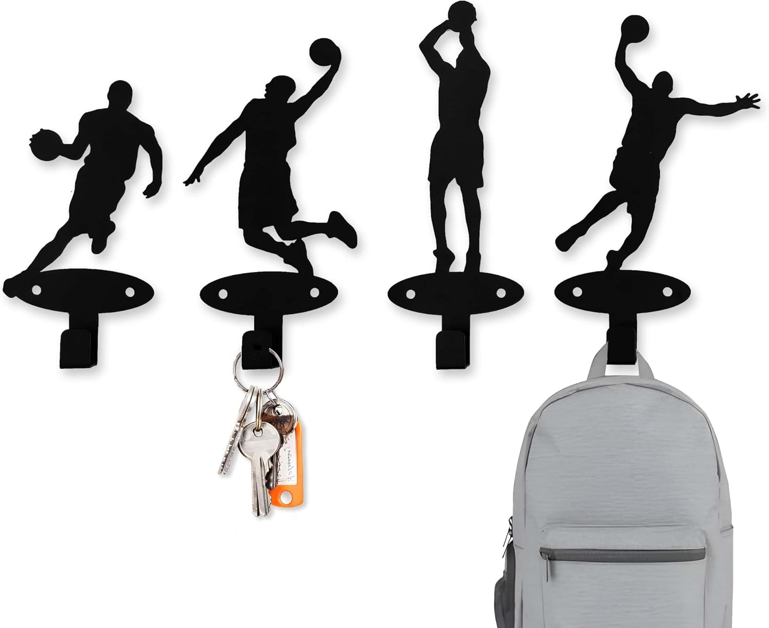 Xedatric Basketball Players Coat Hooks - 4 Piece Slam Dunk Silhouette Wall Mounted Metal Hangers for Teen Boys' Room Decor
