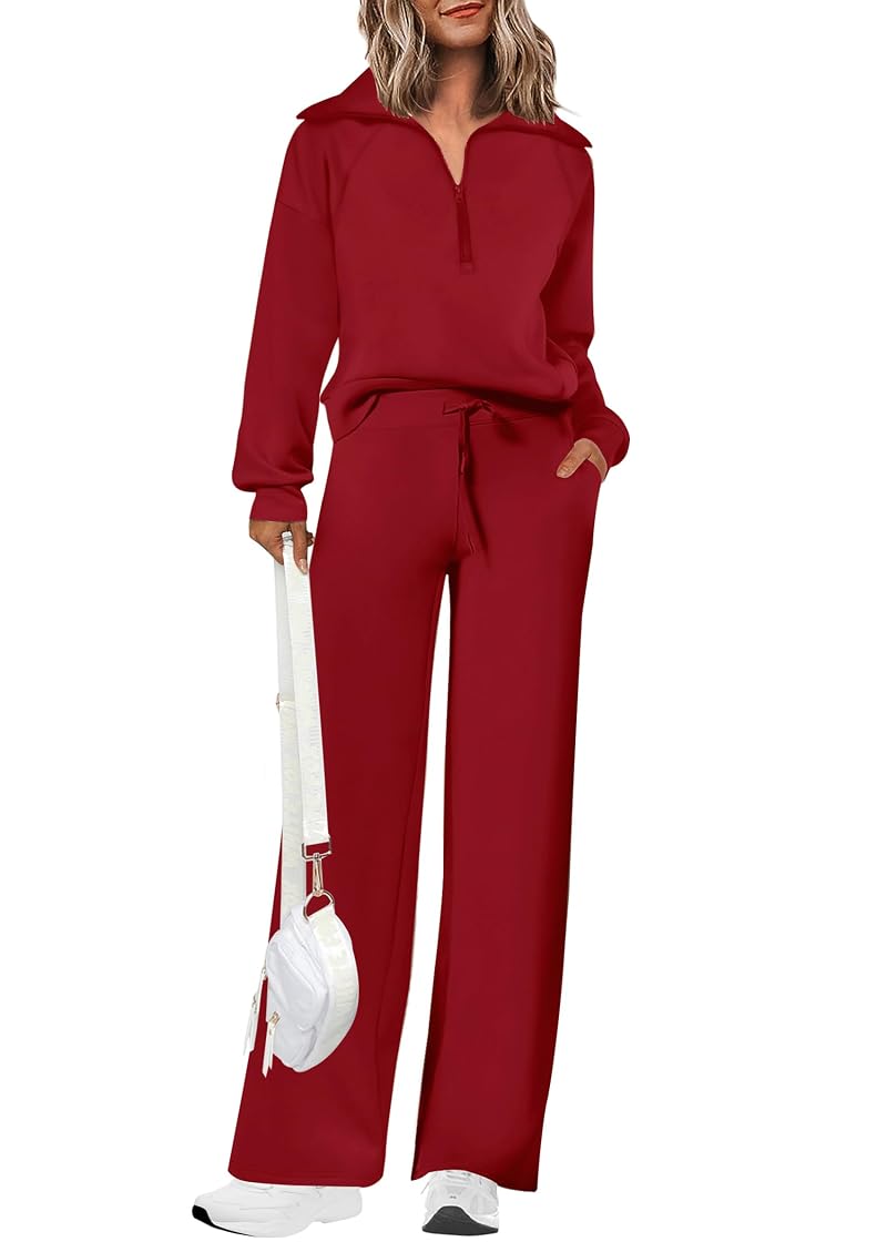 2-Piece Lounge Set for Women - Half Zip Sweatshirt + Palazzo Pants, Wine Red, Size M