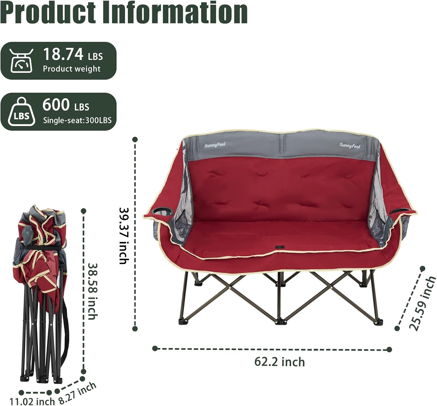 SUNNYFEEL Double Camping Chairs - Heavy Duty Padded Loveseat for 2 | 600lbs Capacity, Portable Red Outdoor Couch