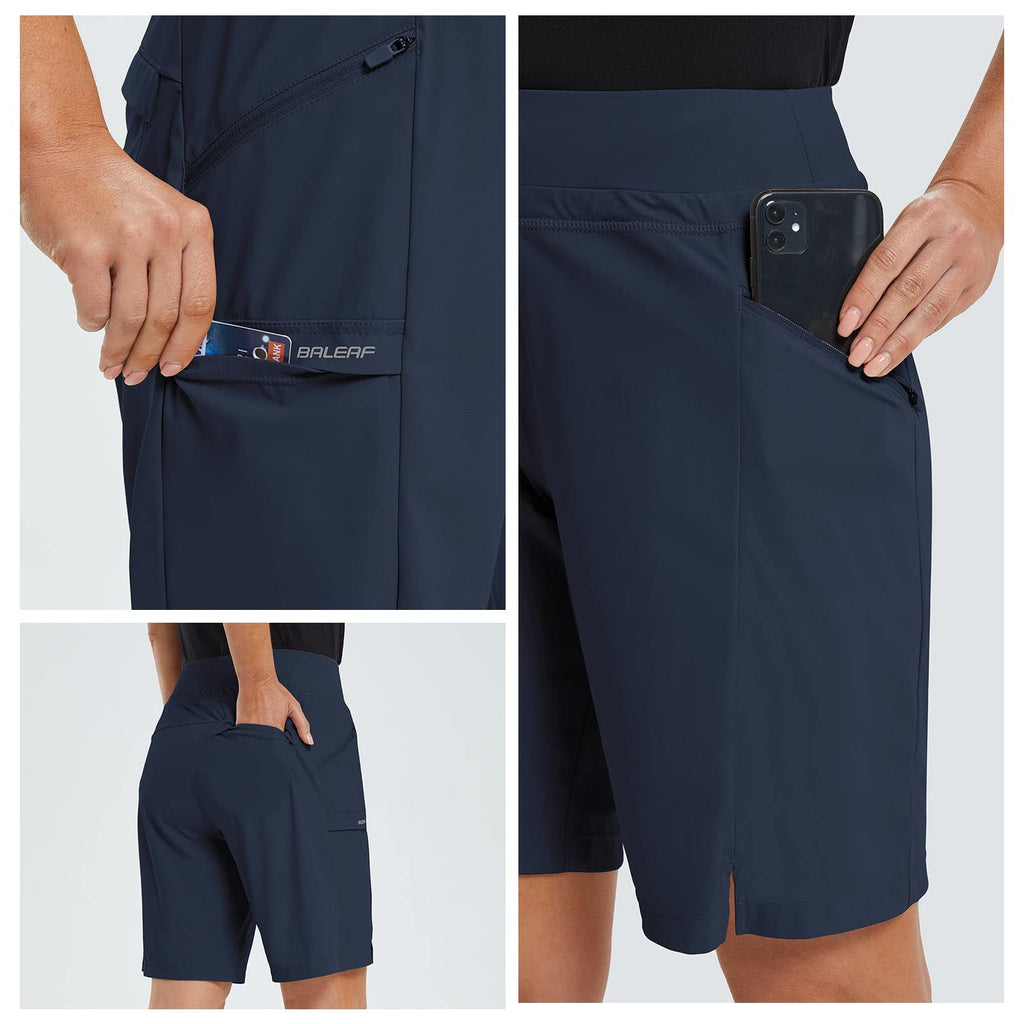 baleaf Women's Hiking Long Shorts 9" Quick Dry Hiking Bermuda Cargo for Curvy Lightweight Knee Length Shorts Pockets Navy Blue Size S
