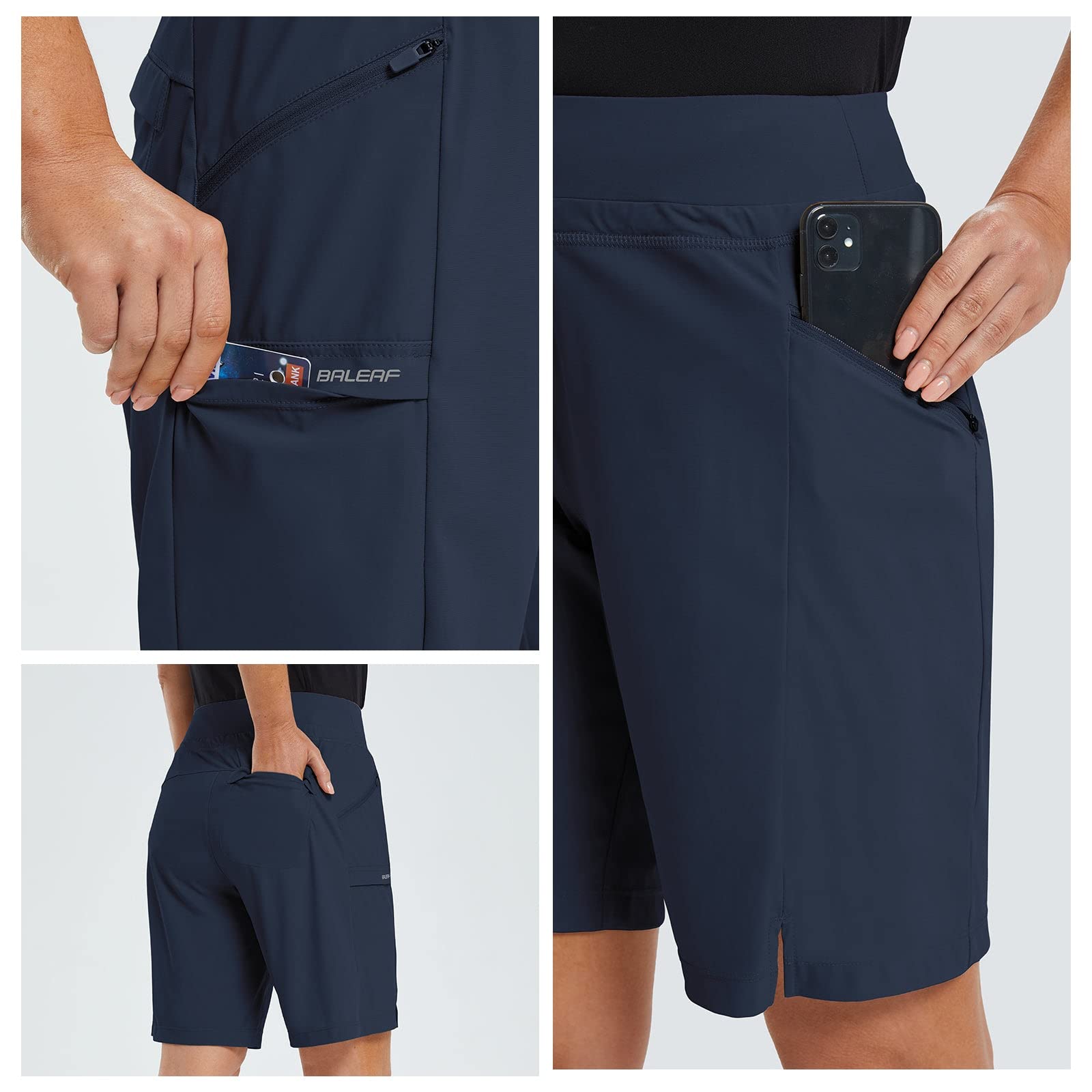 baleaf Women's Hiking Long Shorts 9" Quick Dry Hiking Bermuda Cargo for Curvy Lightweight Knee Length Shorts Pockets Navy Blue Size S