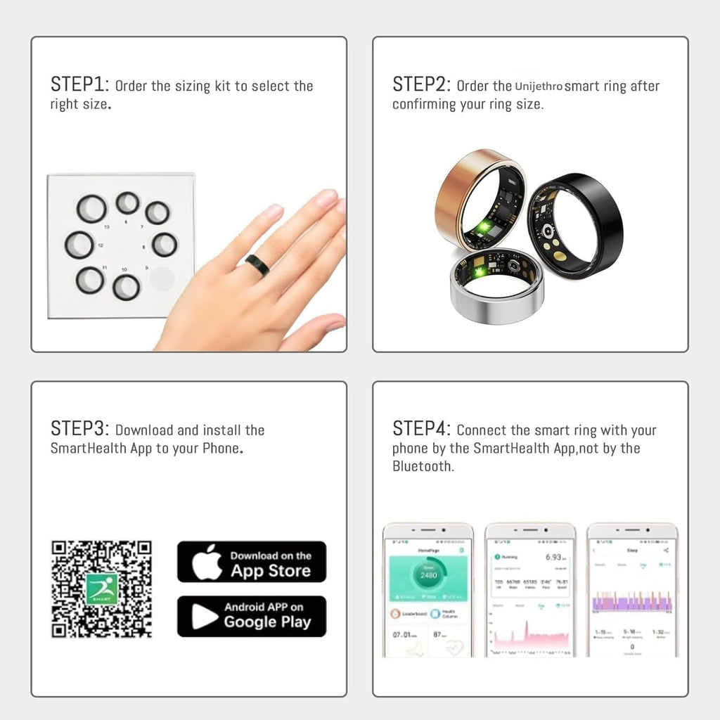 Smart Ring - Health Tracker with Heart Rate, Blood Oxygen & Sleep Monitoring | IP68 Waterproof, Black, Size 10