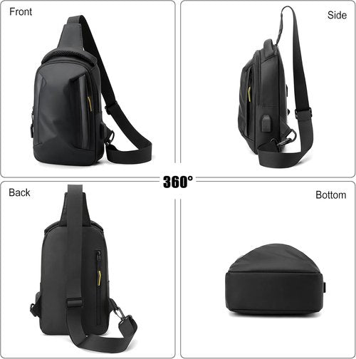 FANDARE Men’s Crossbody Sling Bag - Compact USB-Enabled Messenger Pack for Hiking & Travel | Black Nylon