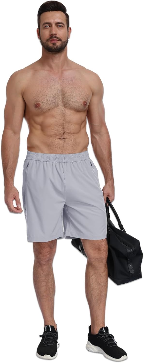 Skiennix Men's Athletic Gym Shorts - Lightweight Quick-Dry Workout Shorts with 3 Zipper Pockets | 7" Length