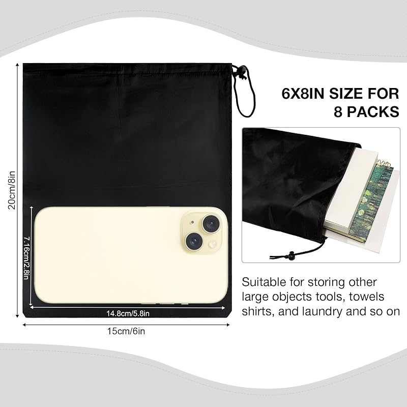 8-Pack Drawstring Bags with Toggle - Durable Nylon Cinch Sacks, Gym, Travel, Black 8 x 6 Inch