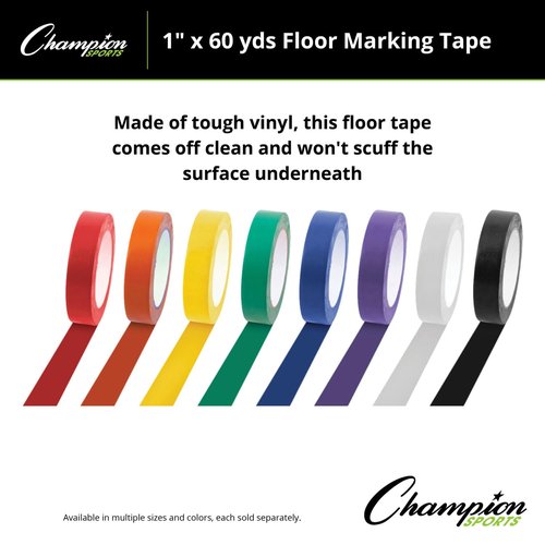 Champion Sports Vinyl Tape - Durable 1” Wide x 60 Yards Long Floor Marking Tape | White for Schools & Gyms