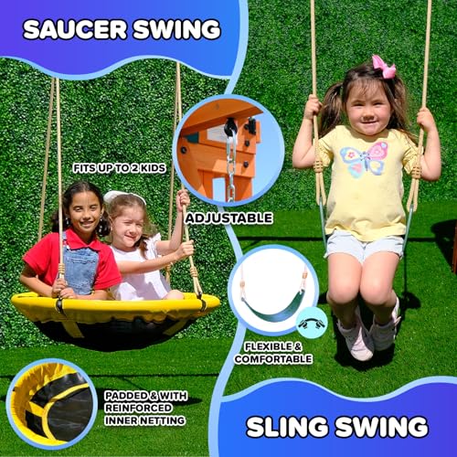 Wooden Swing Set with Slide, Saucer & Sling Swings for Kids 3-8