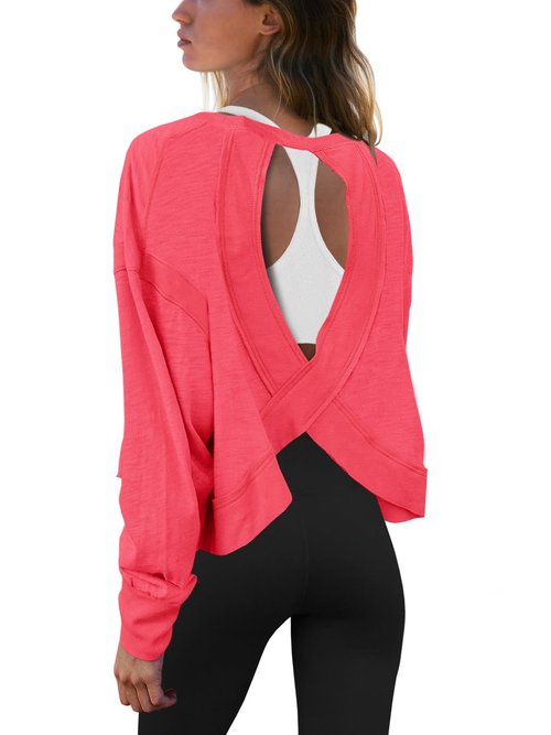 Panadila Womens Open Back Workout Top Long Sleeve Athletic Shirts Casual Crop Running Tee Y2k Yoga Trendy(Watermelon Red,S)
