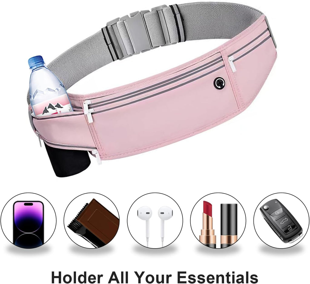 Skiennix Slim Running Belt - Lightweight Fanny Pack with 3 Pockets for Phones & Essentials | Jet Pink
