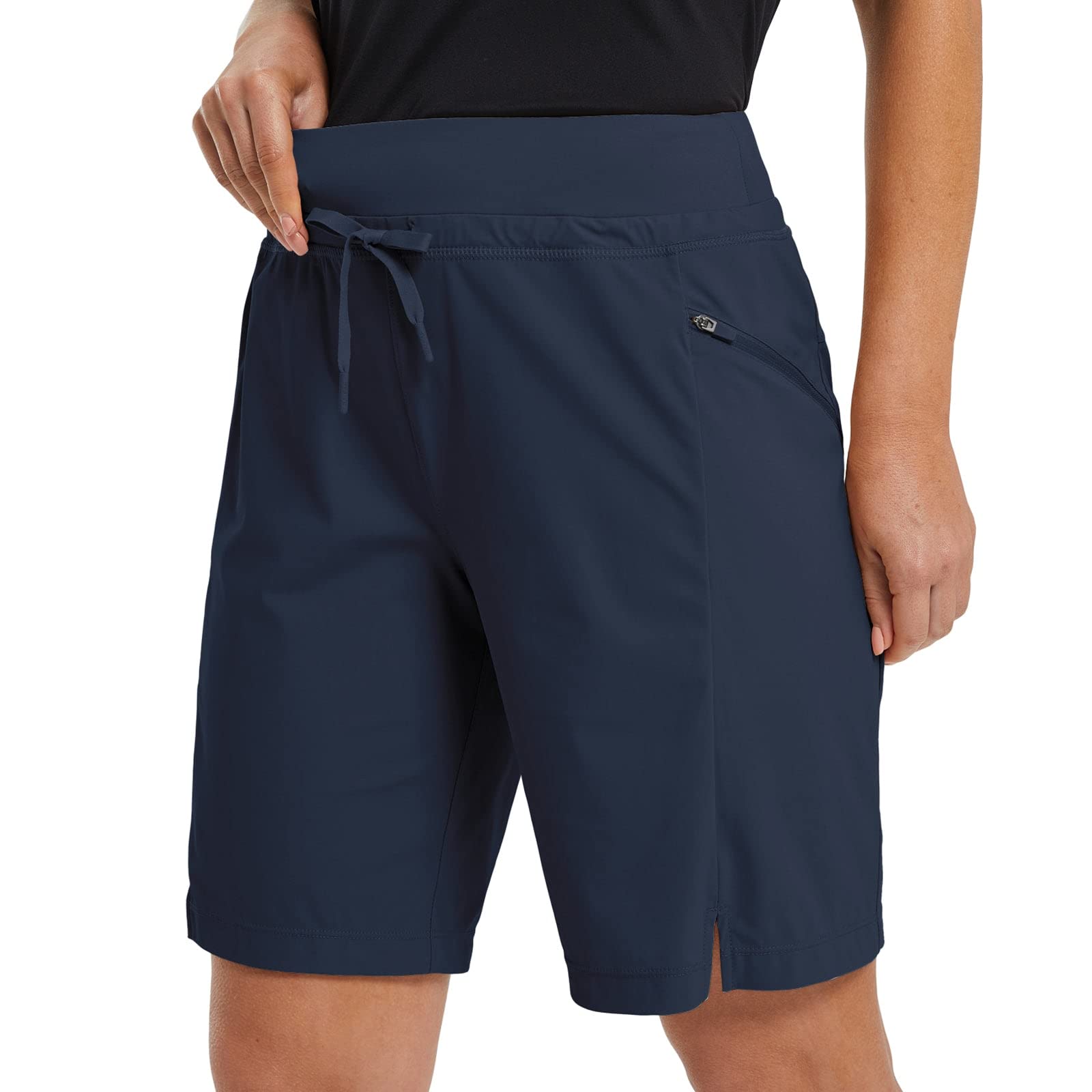 baleaf Women's Hiking Long Shorts 9" Quick Dry Hiking Bermuda Cargo for Curvy Lightweight Knee Length Shorts Pockets Navy Blue Size S