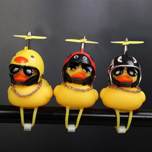 wonuu Rubber Duck Car Ornaments, 2Pcs Yellow Duck Car Dashboard Decorations Squeeze Duck Bicycle Horns with Propeller Helmet