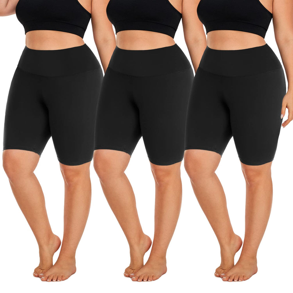 Hi Clasmix 3 Pack Plus Size Biker Shorts for Women(1X-4X)-High Waisted Non-See Through Workout Super Soft Black Yoga Shorts(3 Pack Black,XXL)