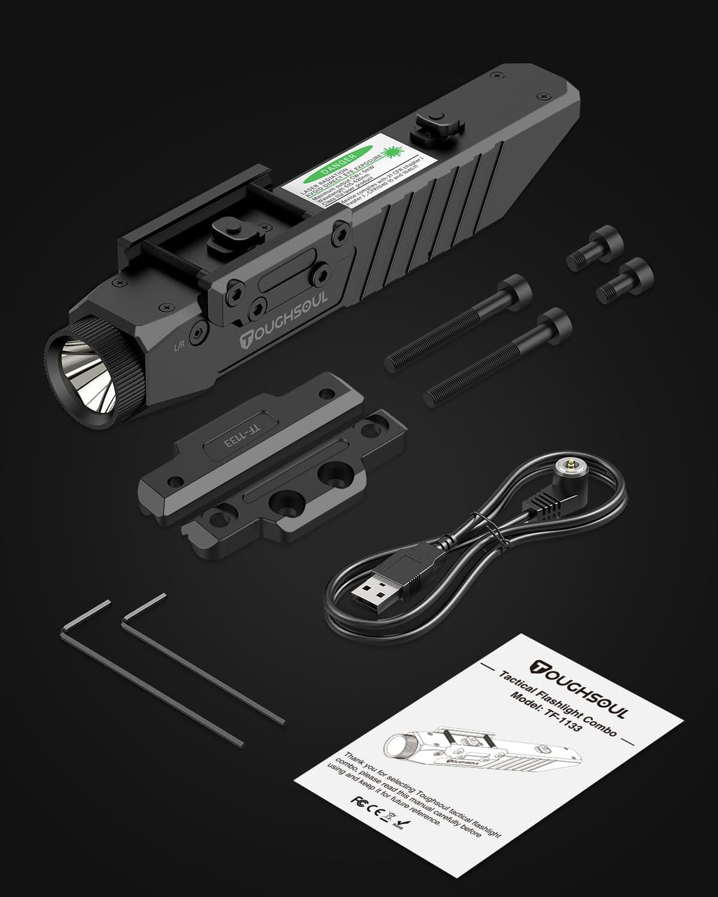 TOUGHSOUL Tactical Flashlight - 1450 Lumen with Purple Laser Sight & Rechargeable Battery | Durable Polymer Body