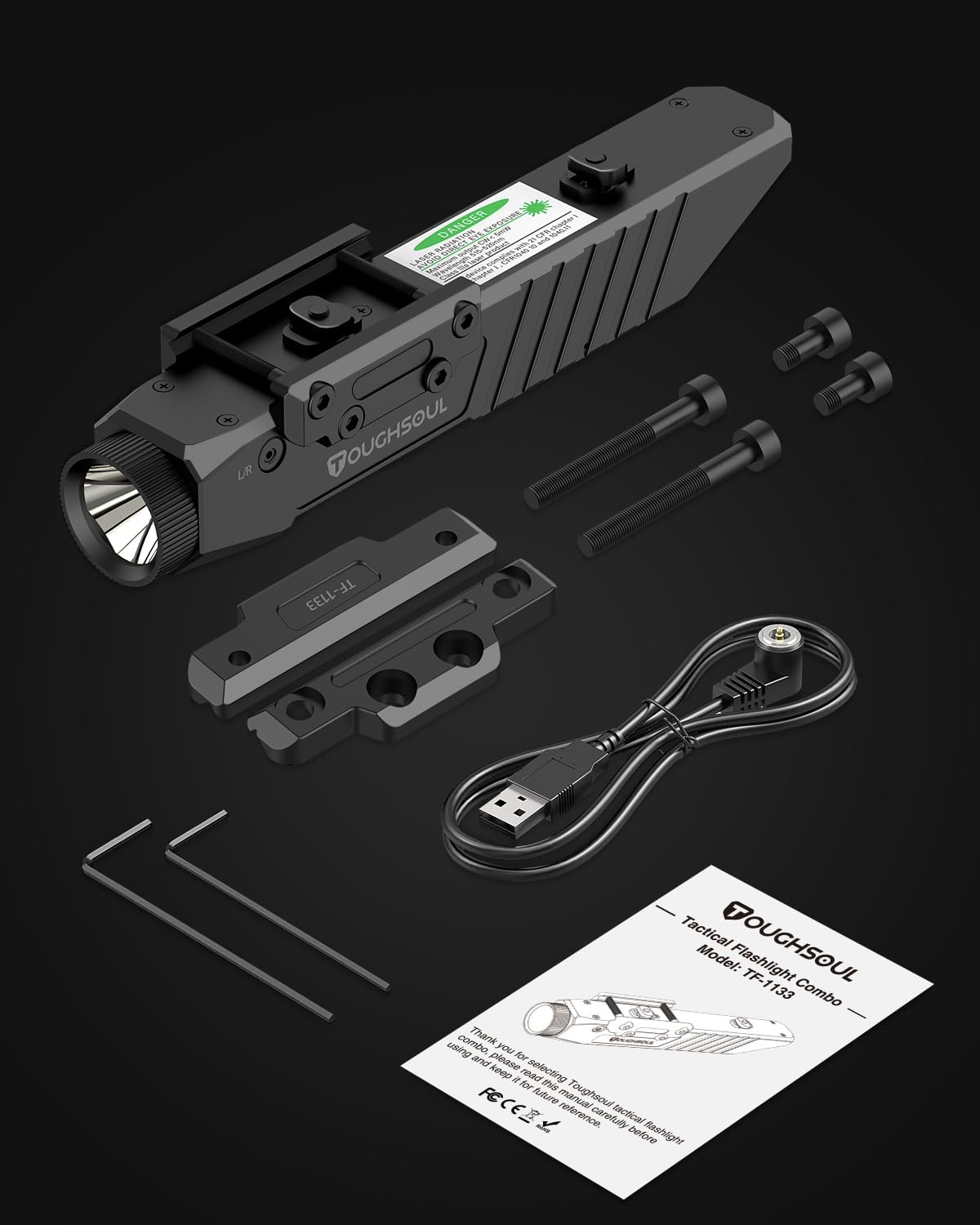 TOUGHSOUL Tactical Flashlight - 1450 Lumen with Purple Laser Sight & Rechargeable Battery | Durable Polymer Body
