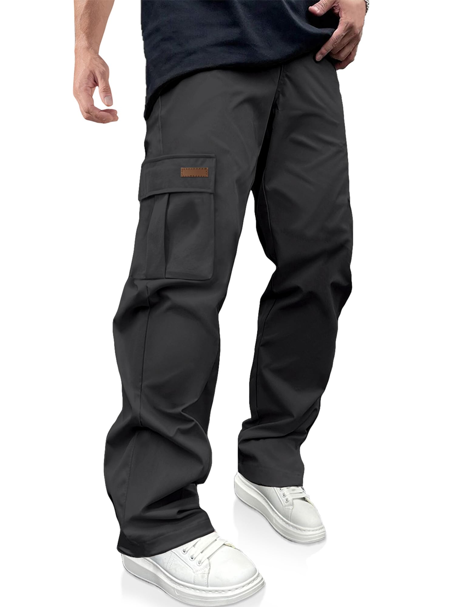 PLEPAN Mens Casual Cargo Pants Drawstring Hiking Workout Tactical Joggers Sweatpants for Men with Pockets Dark Grey 4XL
