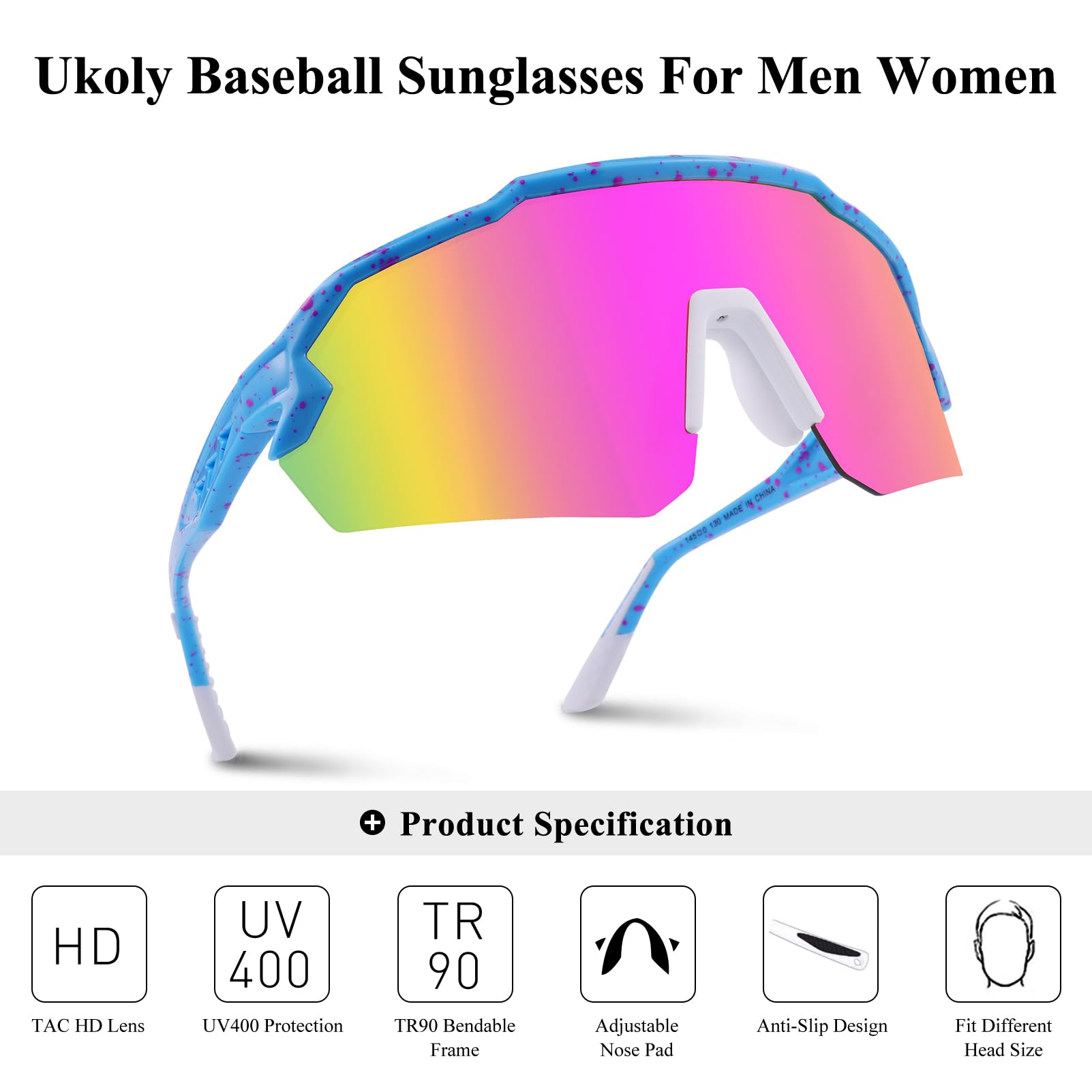Ukoly Baseball Sunglasses For Men Women,Sports Sunglasses For Baseball Running Cycling UV400 protection TR90 Frame 615 (Pink Blue)