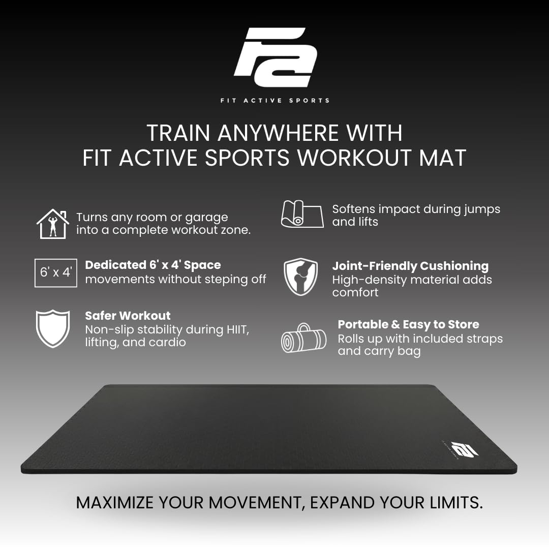 Fit Active Sports Oversized 6’ x 4’ Extra Large Workout Mat with Carry Bag & Straps — Heavy-Duty, Non-Slip Exercise & Equipment Large Mat for Home Gyms, Lifting & Training, Roll-Up | Black