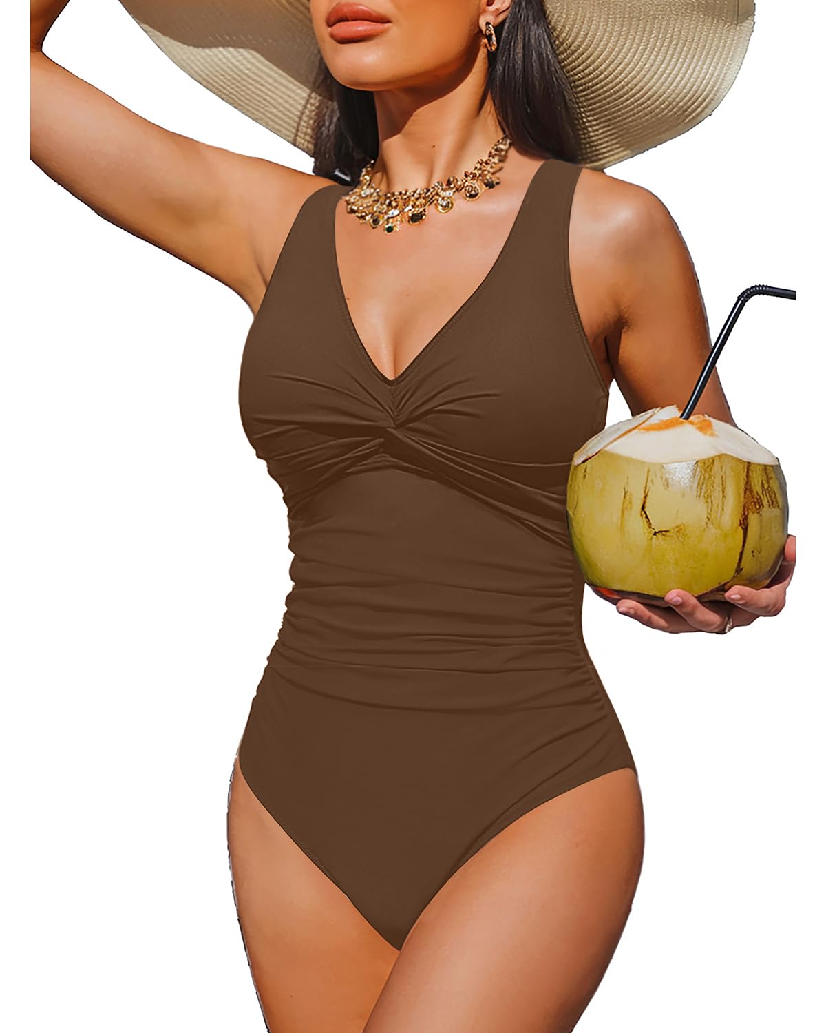 Holipick Brown Women Tummy Control One Piece Swimsuit - Push Up Bathing Suit Full Coverage Slimming Swimwear S