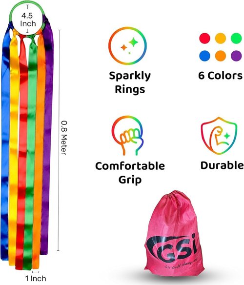 GSi Multicolor Ribbon Wands - Pack of 6 Dance Streamers with 9" Sticks & 1m Ribbons for Kids' Gymnastics & Parties