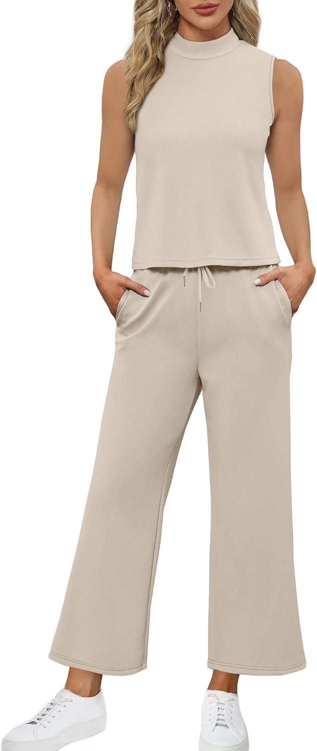 SAMPEEL Two-Piece Summer Sets for Women - Mock Neck Tops & Wide Leg Crop Pants | Perfect for Vacation Travel