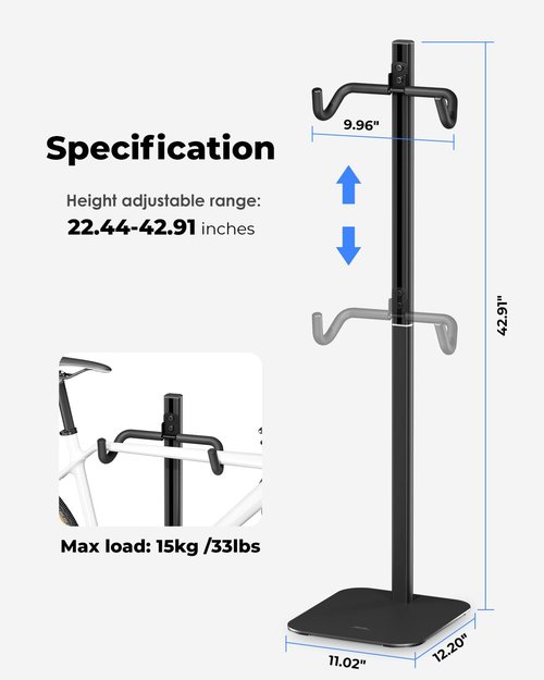 Viozon Adjustable Bike Floor Stand, Aluminum Alloy Vertical Bicycle Storage Rack with Height & Angle Adjustment, EVA Protective Hooks & Wheel Strap, Max Load 33lbs, Space-Saving Bike Rack