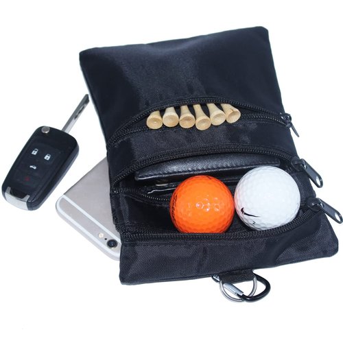 hapheal Golf valuables pouch, zipper golf ball bag with 4 pockets, golf accessories pouch for storing balls,tees,mobile phone,keys, cards and cash, great gift for golfers (2 PACK（BLACK+FLORET）)