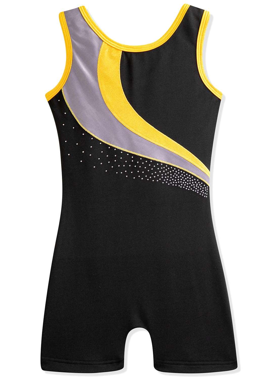 HOZIY Practice Leotards for Girls Gymnastics Size 8-10 Years Gold Stripe Spliced Diamond Rhinestone Fall Black Tumbling Outfit Biketard Sparkly