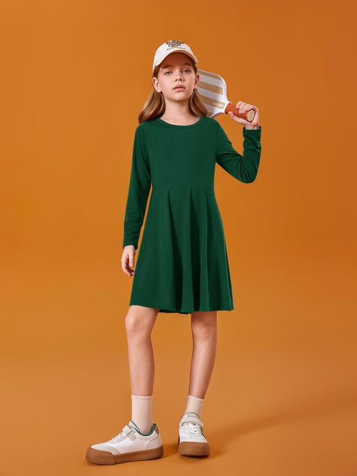Haloumoning Girls A-Line Long Sleeve T-Shirt Dress - Twirly Skater Style for Ages 5-14