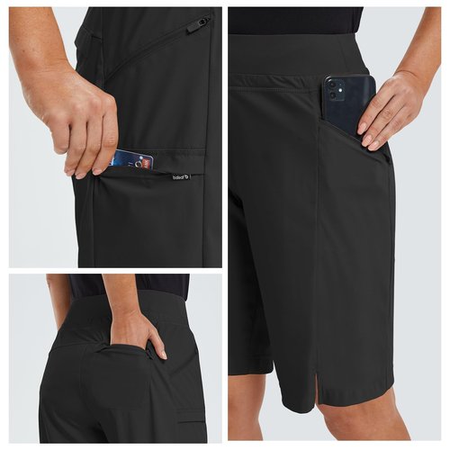 baleaf Women's Hiking Long Shorts 11" Quick Dry Hiking Bermuda Cargo for Curvy Lightweight Knee Length Shorts Pockets Black Size L