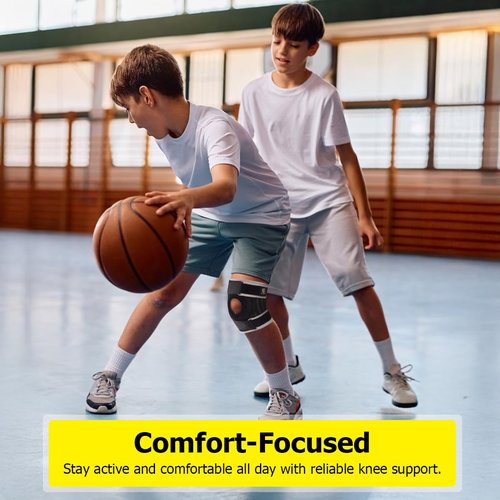 HUEGLO Kids Knee Brace Osgood Schlatter Youth for Knee Pain,Adjustable Compression Knee Support with Side Stabilizers for Sports,Arthritis,Patella,Meniscus Tear,Acl,X-Small Knee Brace for Boys & Girls,Black/Gray