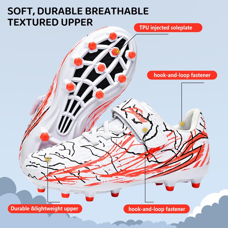 Soccer Cleats for Boys Girls Youth Big Kid White - Firm Ground Outdoor Football Shoes