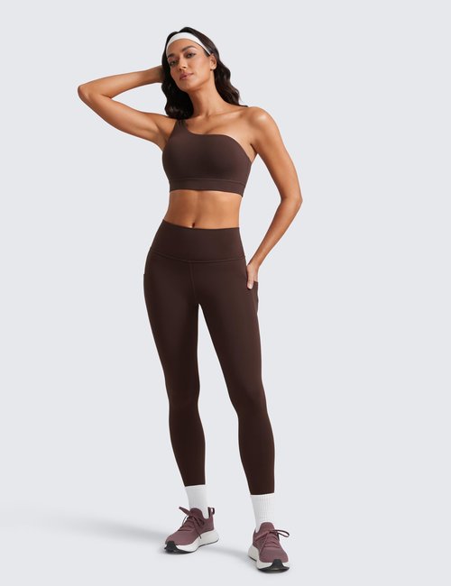 CRZ YOGA Butterluxe One Shoulder Sports Bras for Women - Sleeveless One Strap Low Impact Asymmetrical Workout Yoga Tops Hot Fudge Brown Medium