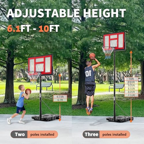 DUMOS 10FT Adjustable Portable Basketball Hoop with 44-inch Shatterproof Backboard, Fillable Base & Wheels - Red & Black, Indoor/Outdoor