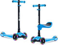 Lascoota 3-Wheel Kids Scooter - Removable Seat, Adjustable Handlebar, Light-Up Wheels & Lean-to-Steer for Toddler Scooter - Blue, Aluminum, Large