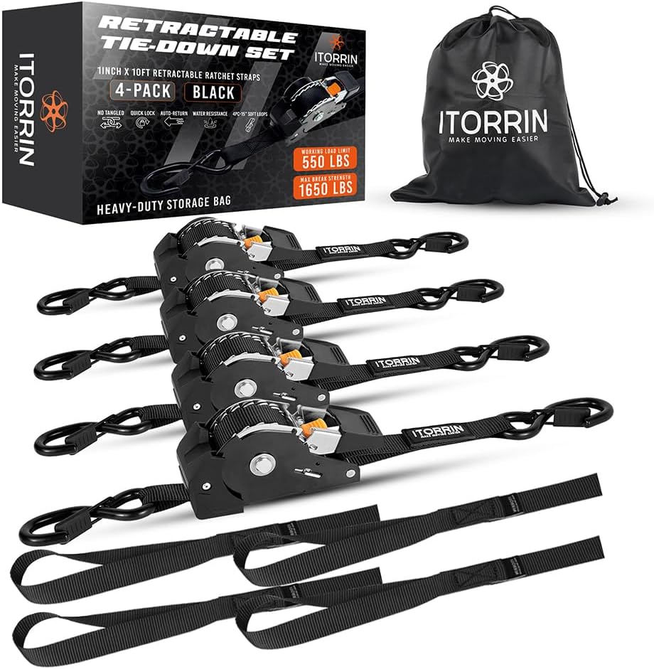 Skiennix Retractable Ratchet Straps - 1 Inch x 10 Feet, 1,650lb Break Strength | Black, 4 Pack with Soft Loops