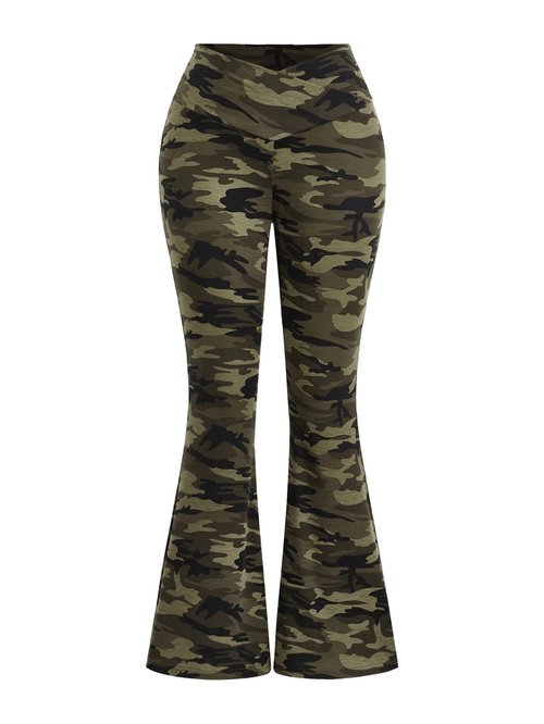 WDIRARA Women's Camo Print Elastic Waist Flare Leggings Crossover Bell Bottom Pants Army Green X-Large