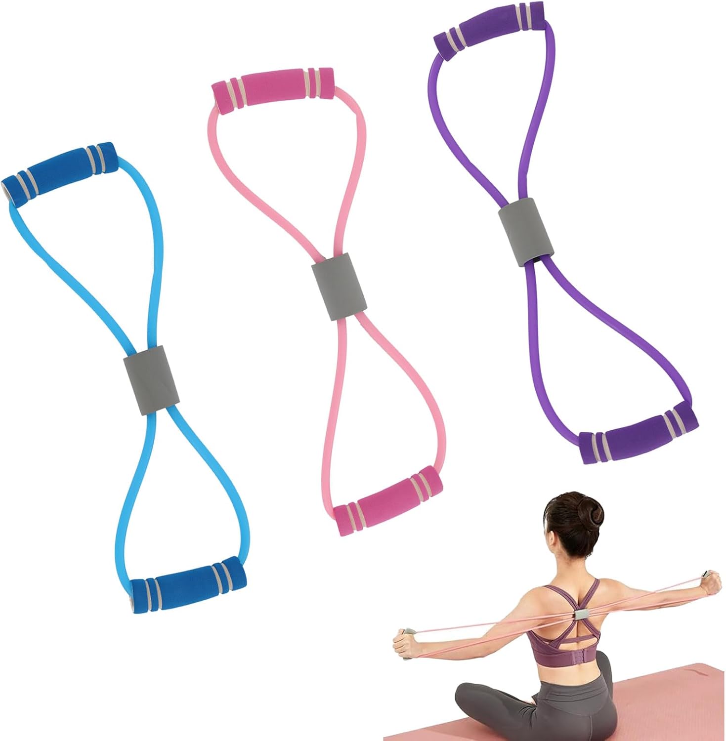 Saludea Resistance Bands - 3-Piece Figure 8 Set with Handles for Full-Body Strength Training | Pink, Purple, Blue