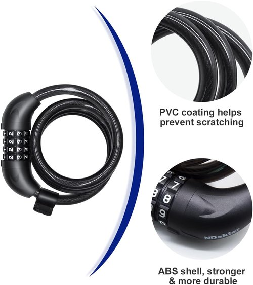 NDakter Bike Lock - 4FT Combination Cable Lock with Mounting Bracket | Ideal Anti-Theft Solution for Bicycles