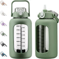 Kytffu 84oz Glass Water Bottle - Leakproof Gallon Jug with Straw & Silicone Sleeve | Olive Color