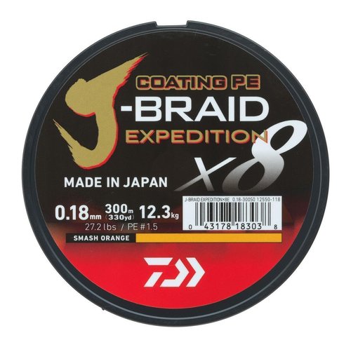 DAIWA J-Braid Expedition X8E, 0.06mm, 5.2kg/11.5lbs, 330yds, Smash Orange, Braided Fishing Line