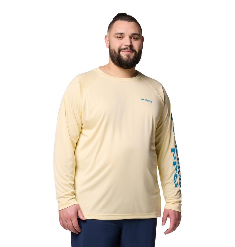 Columbia Men's PFG Terminal Tackle Long Sleeve Fishing Shirt, Lemon Wash/Blue Echo Logo, 3X Tall