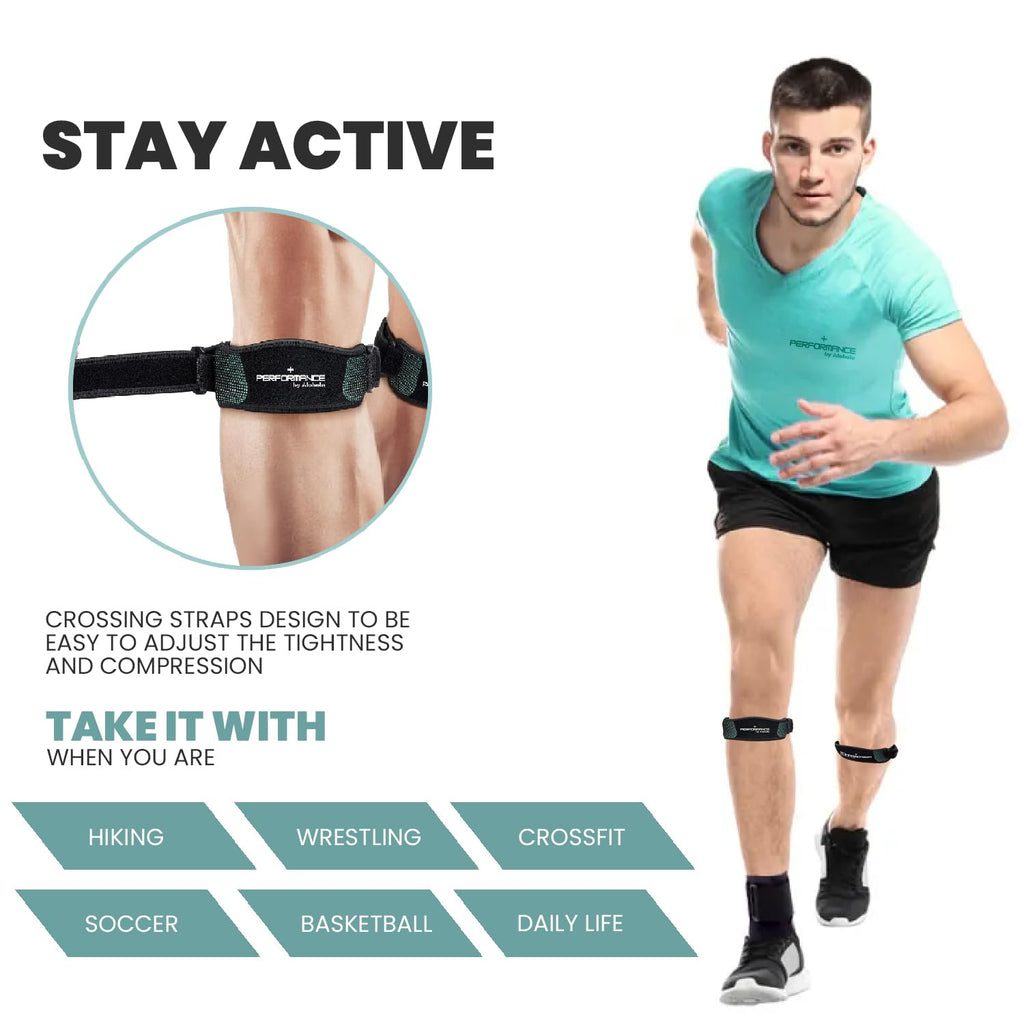 +Performance Knee brace for women and men | Running Gear for pain relief, Patellar tendon support, meniscus tear, and jumpers knee | Patella knee strap band with Silicone Gel. 2-Pack (Blue)