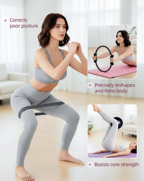 Abahub Pilates Ring Set, Home Workout Pilates Equipment Pilates，14”Magic Circle, 9”Mini Ball, Highly Elastic Resistance Bands, Hoop for Women Home Fitness, Toning Arms, Thighs/Legs & Core, Black Set